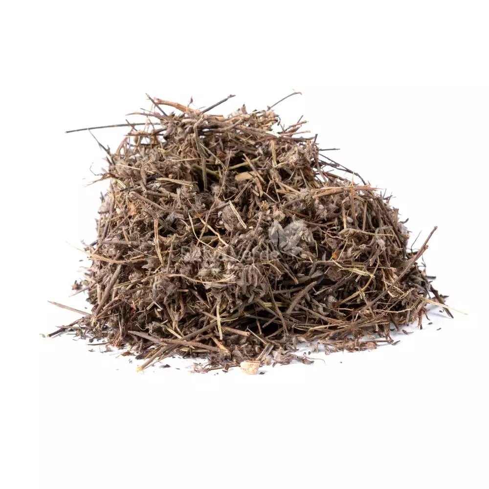 Mistura de ervas naturais Secas Sete Sangria em um recipiente a granel, com folhas verdes e marrons.